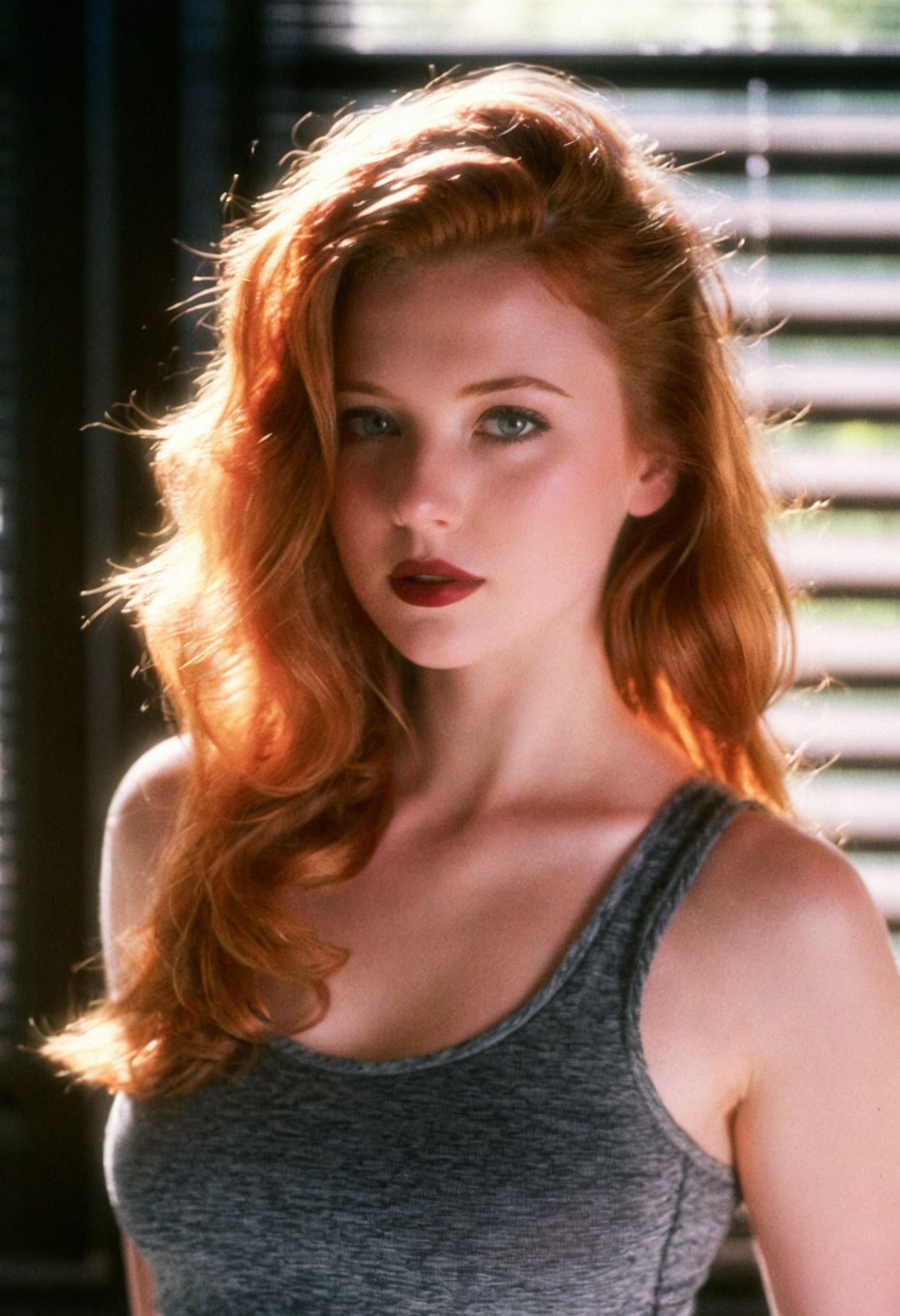 photo analog ginger woman indoors backlight, hair glow, dark lipstick, grey eyes, tank top, blinds, (((soft focus, depth of field, film grain, looking at viewer, masterpiece))) <lora:EuroBabe-v4-XL:0.6>