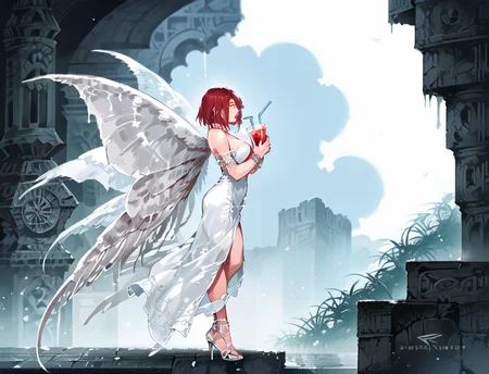 (score_9,score_8_up,score_7_up:1), 1girl, full body, amateur angle, high lighting, crazy gaze, (Holiday, red lipstick, silver jewelry, silver piercings, white mascara, red eyeshadow), <lora:veiny-breasts-ponyxl-lora-nochekaiser:1>, (milf), red hair blonde highlights, (albino rough skin), (drinking), dive palace, (<lora:Fantasy_Wings_Luis_Royo_Style:0.5> Feather wings,), <lora:norgame_style:1> norgame_style