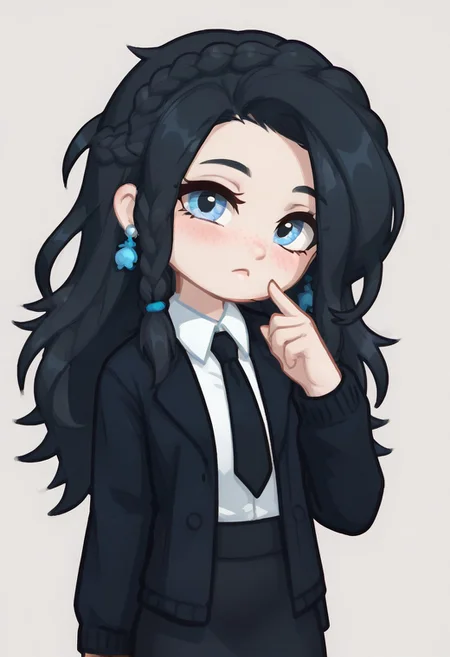 score_9, score_8_up, score_8, GELUGDD, GELUGDDGacha, Gacha, girl, black hair, long hair, braid, blue eyes, blue earrings, black tie, black skirt, black jacket with tie,