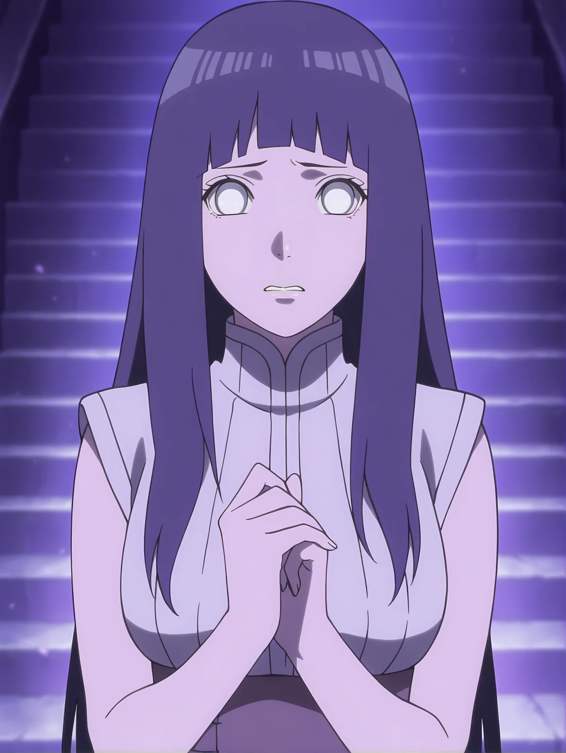 <lora:Hinata_Hyuga:0.8>, hinata, 1girl, solo, long black hair, bangs, white eyes, no pupils, sleeveless gray shirt, high collar, brown belt, worried, sad, closed mouth, teeth, standing, hands near chest, own hands together, looking at viewer, upper body, frontal view, blurry background, purple lighting, stairs