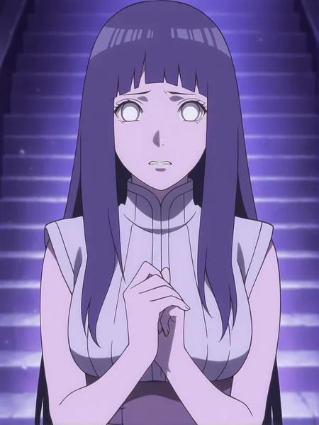 <lora:Hinata_Hyuga:0.8>, hinata, 1girl, solo, long black hair, bangs, white eyes, no pupils, sleeveless gray shirt, high collar, brown belt, worried, sad, closed mouth, teeth, standing, hands near chest, own hands together, looking at viewer, upper body, frontal view, blurry background, purple lighting, stairs