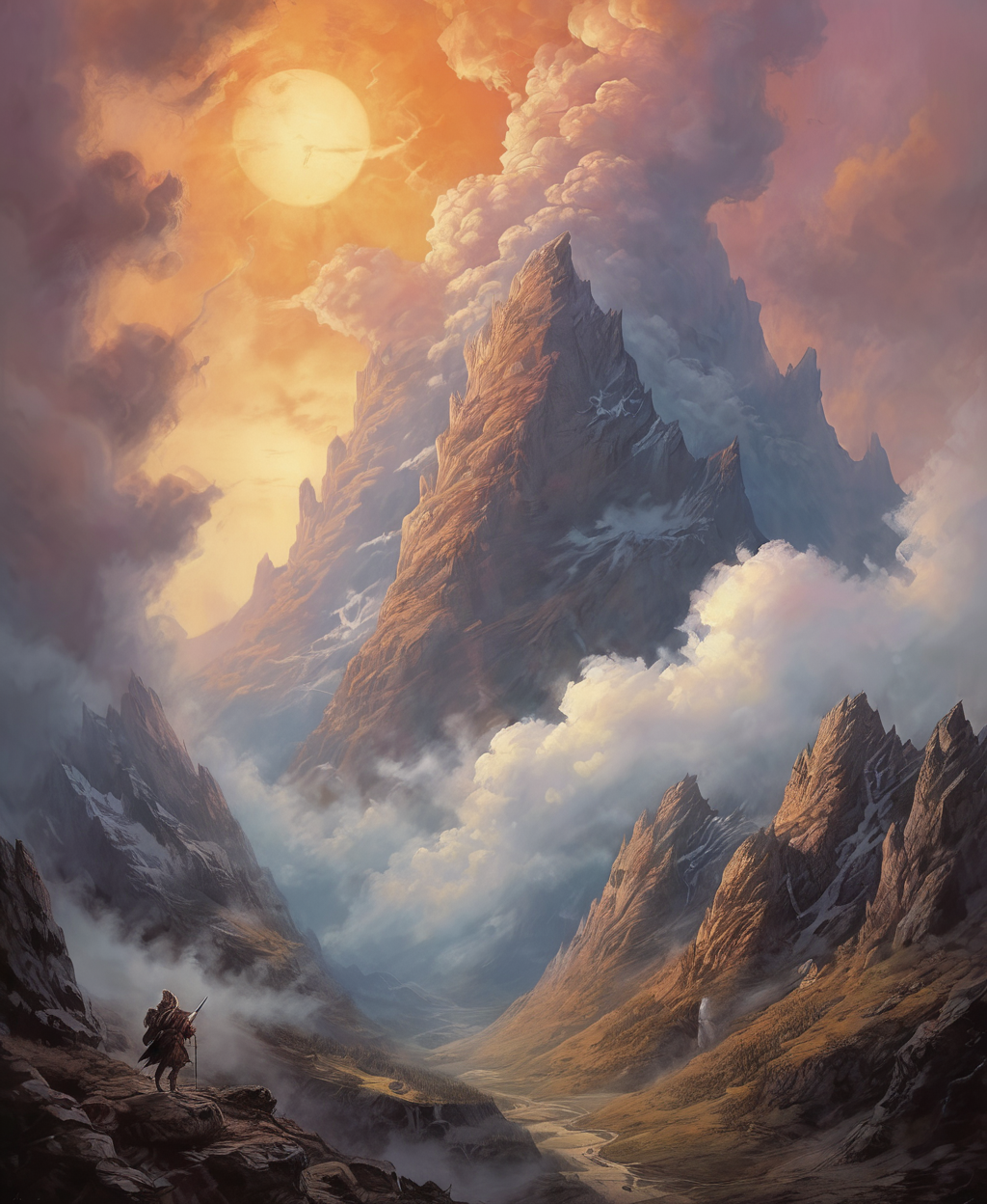 retroart illustration,snowy mountains with epic clouds and sunset tones , in the style of tenebrism mastery, uncanny and eerie, d&d, intense movement expression, non-representational  , <lora:Retro_Art_XL-000008:0.8>, (masterpiece, best quality),ultra-detailed,add-detail-xl, DetailedEyes_V3,perfect eyes,skin blemish,detailed skin,<lora:polyhedron_all_sdxl:1>