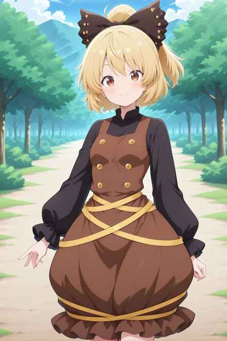 absurdres, highres, masterpiece, best quality, amazing quality, official anime artwork, screencap, anime screencap, outdoors, looking at viewer, light smile, dynamic pose, standing,
<lora:Yamame-Kurodani_Illustrious:1> kurodani yamame, 1girl, solo, brown eyes, blonde hair, long hair, ponytail, small breasts,, hair bow, black bow, brown dress, black sleeves, long sleeves, puffy dress,