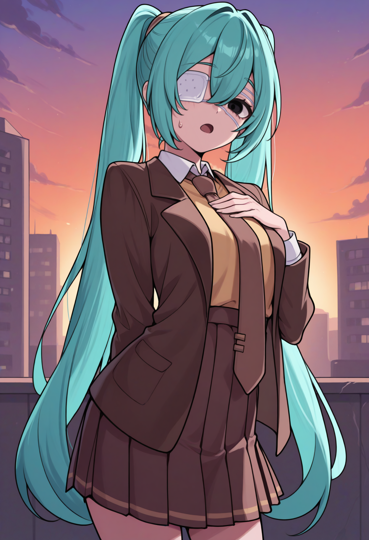 masterpiece, best quality, solo, 1girl, monit0ringm1ku, sweatdrop, open mouth, looking at viewer, standing, hand on own chest, arm behind back, long hair, aqua hair, hair between eyes, twintails, black eyes, medical eyepatch, brown jacket, blazer, open jacket, long sleeves, yellow sweater vest, white shirt, collared shirt, brown necktie, brown skirt, pleated skirt, outdoors, sunset, cloud, building
<segment:yolo-face_yolov8m.pt,0.4,0.5//cid=1>