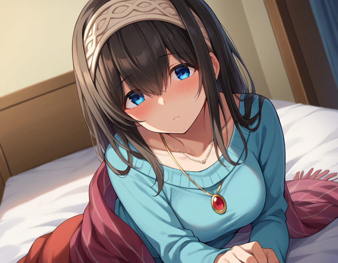 score_9, score_8_up, score_7_up, source_anime,
fumikasagisawa, <lora:fumika-sagisawa-ponyxl-lora-nochekaiser:1>,
fumika sagisawa, blue eyes, black hair, hairband, long hair, hair over eyes,
blue sweater, collarbone, jewelry, necklace, shawl, sweater, skirt,
indoors, bed, bed room, on side, blush, drunk,
looking at viewer, dutch angle, cowboy shot,