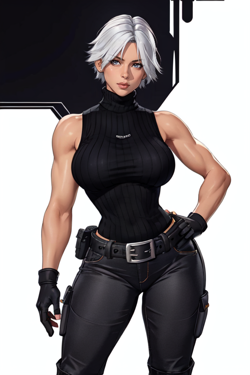masterpiece,best quality,extreme detail,8k,(white background),<lora:christie:0.7>,christie2,1girl,solo,breasts,looking at viewer,short hair,gray eyes,gloves,holding,bare shoulders,medium breasts,standing,white hair,boots,sleeveless,black gloves,belt,pants,fingerless gloves,black footwear,black sweater,lips,hand on hip,turtleneck,sleeveless turtleneck,cowboy_shot,upper_body,wide hips,
