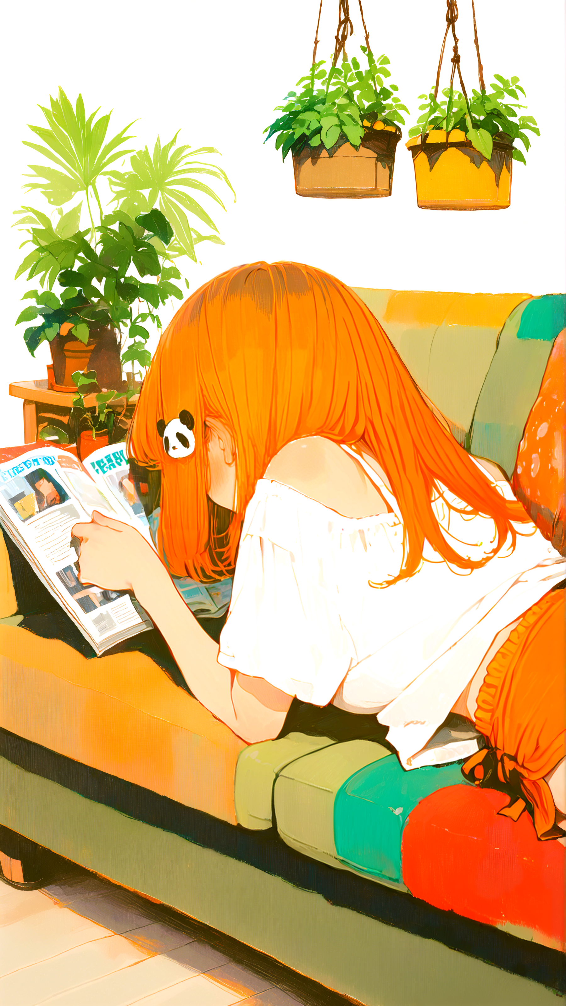 masterpiece, newest,absurdres,incredibly absurdres, best quality, amazing quality, very aesthetic, white background,
1girl, riped couch, multicolored couch, panda hair ornament, ginger hair, hanging plant, orange shorts, reading, magazine,
 <lora:0__11Xx:1> 0__11Xx_illu <lora:aosiai123_style:1> traditional media,  aosiai123_illu