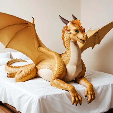 score_9, score_8_up, score_7_up, score_6_up, score_5_up, score_4_up, masterpiece, high quality, realistic, detailed, best quality, white bed, solo, rating_safe, source_furry, bedroom, smiling, open mouth smile, happy, spread wings, looking at viewer, lying on belly, feral, Sandwing, yellow scales, dragon, scales, horns, claws, wings, tail, Sunny_wof, bright yellow scales, female, green eyes