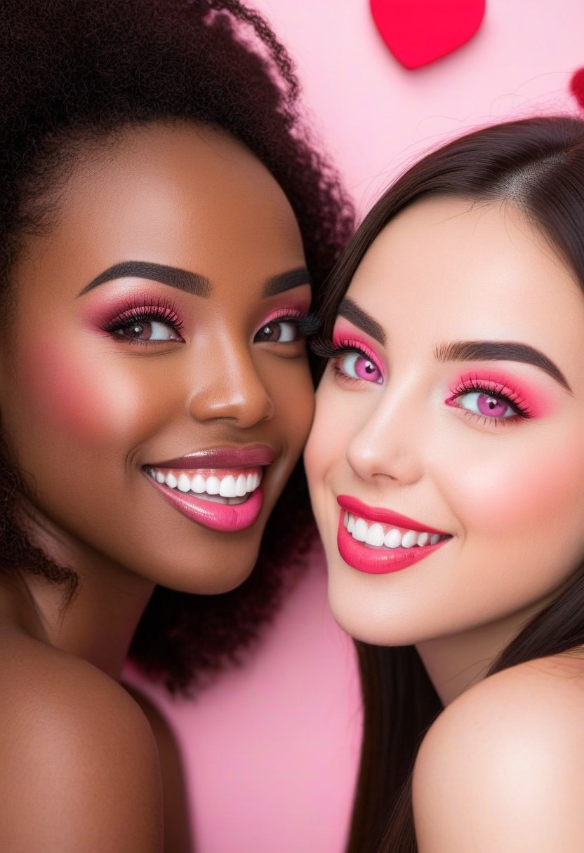 Valentine's day, nsfw, ((2women)), beautiful faces, detailed eyes, interracial ,smile, pink, red, Hearts