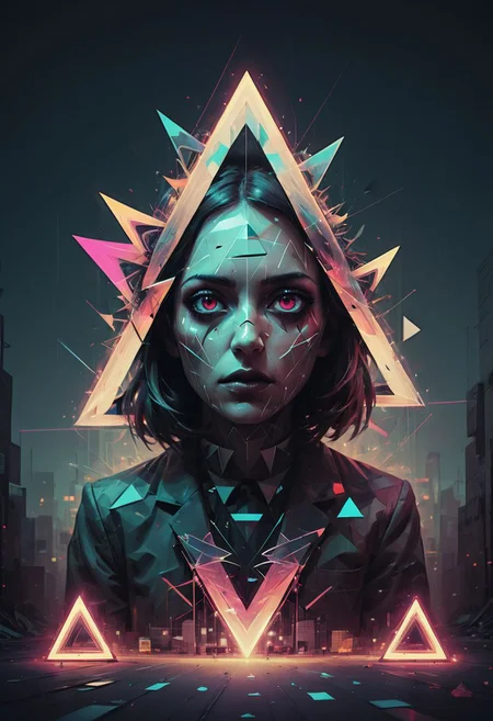 Surreal graffiti, glitchcore, double exposure, poster style, geometric, triangles, glitchy, eerie, lights, occult, dark,