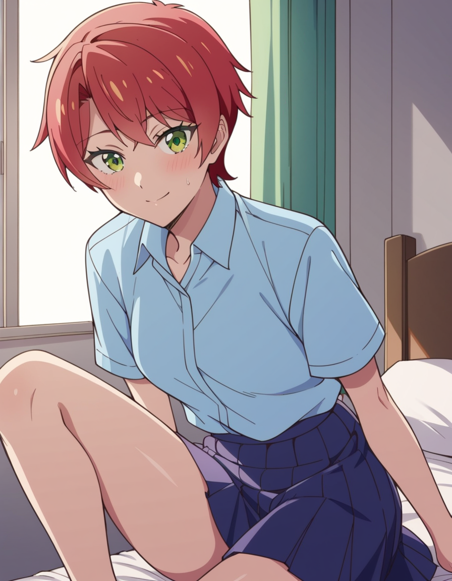 score_9, score_8_up, score_7_up, source_anime, uncensored, <lora:StS_detail_slider_v1:3>, zPDXLxxx, <lora:Mei_Hamano_PONYXL_VexVexX:1>, MeiHamano, 1girl, green eyes, red hair, short hair, bangs, medium-small breasts, school uniform, blue skirt, blue shirt, collared shirt, short sleeves, cowboy shot, bedroom, from front, laying on side, one leg raised, thighs, looking at viewer