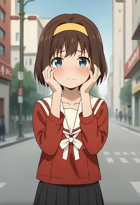 score_9, score_8_up, score_7_up, source_anime, masterpiece, 1girl, ctianm0rin0, red serafuku, white sailor collar, ribbon, black skirt, long sleeves, pleated skirt, looking at viewer, city, outdoors, depth of field, facing viewer, <lora:Seria_morino_pony_ct:0.8>, hands on own face, embarrassed, blush, collarbone, bone,