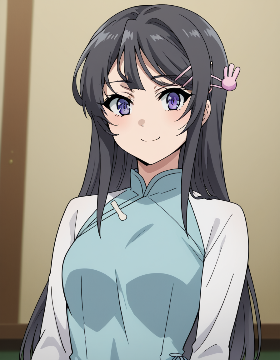 score_9, score_8_up, score_7_up, source_anime, maisakurajima, <lora:mai-sakurajima-s1-ponyxl-lora-nochekaiser:1> mai sakurajima, long hair, bangs, black hair, hair ornament, purple eyes, hairclip, rabbit hair ornament,, <lora:vietnamese-dress-ponyxl-lora-nochekaiser:1>, vietnamese dress, vietnamese clothes, rice hat,, indoors, smile, blush,, cowboy shot, dutch angle, looking at viewer,