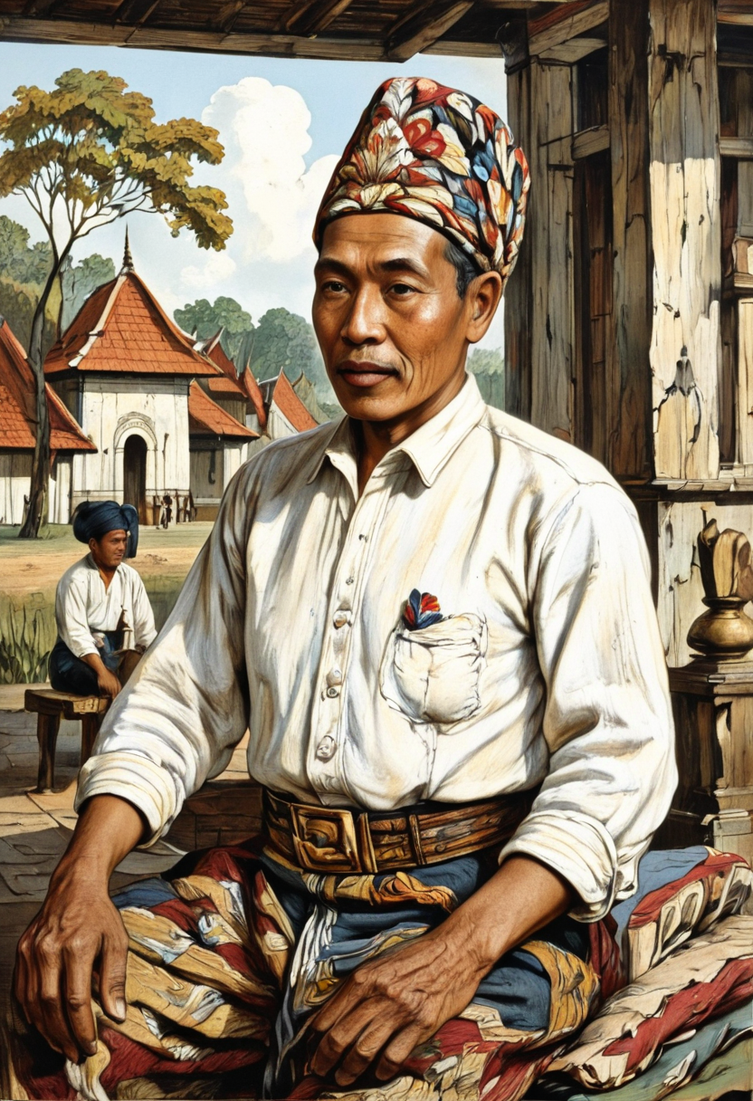 An elderly Indonesian man recalling his youth under Dutch rule., in memadukan_painter art style, 19th century indies vintage illustration by Auguste van Pers, painting
