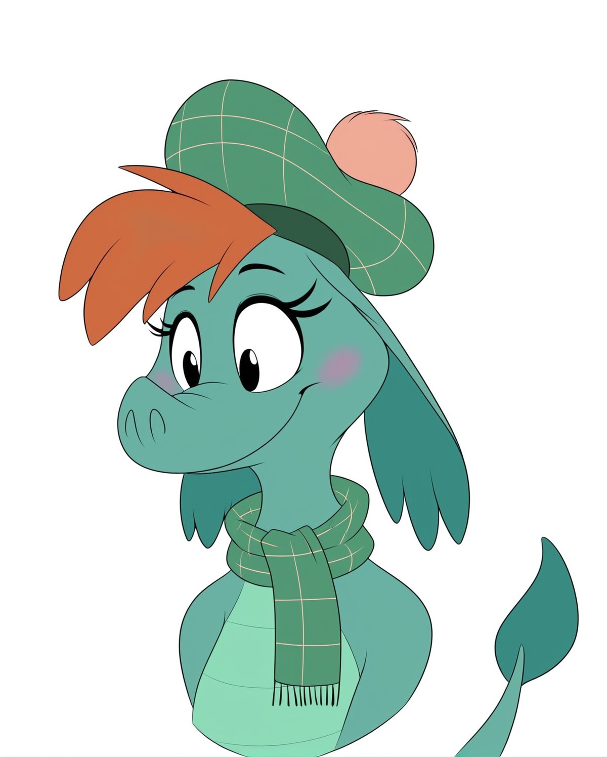 (Masterpiece), (Best Quality), (Hi Res),
<1girl:1.5>,
<solo:1.5>,
<upper body:1.5>,
<face zoom:1.5>,
<selfie:1.5>,
breasts, 
furry female, 
hat, 
loch ness monster, 
nessie_tbon, 
no humans, 
scarf, 
 smile, 
tail, 
3toes,
green skin,
green body,
<simple background:1.5>,
<white  background:1.5>,
 <lora:Nessie_The_Ballad_of_Nessie_Pony_SDXL:1> nessie_tbon