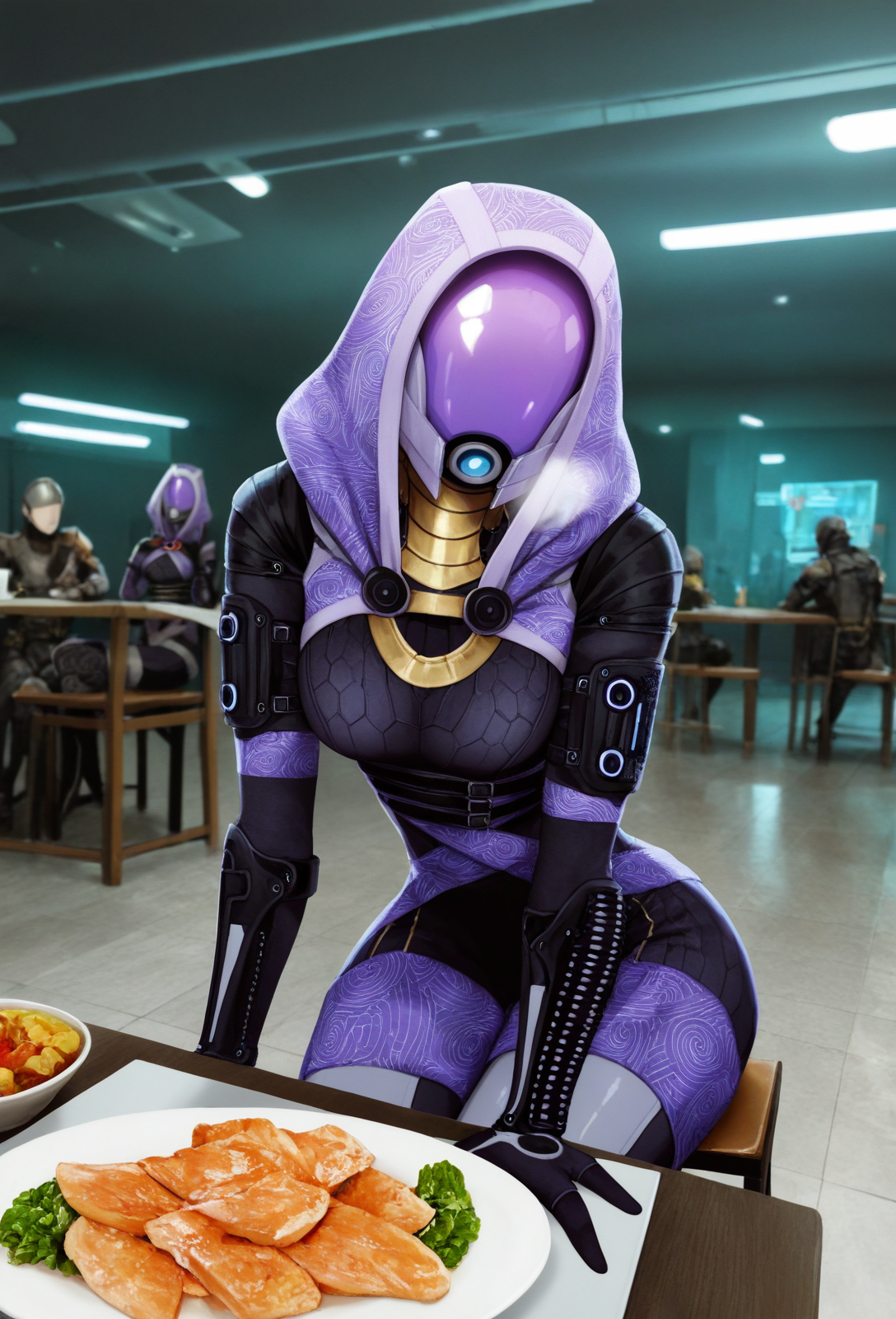 <lora:tali'zorah_noobv11eps_v1:1> (masterpiece, best quality, highres, absurd res, newest), , (by fenn.perrox, takanashi akihito:1.1), (tali'zorah, quarian:1.2), 1girl, solo, (3 fingers:1.2), hood, purple bodysuit, bodysuit, mask, (helmet, faceless, eyeless), hood up, inside, (leaning forward), facing viewer, wide hips, sitting, table, resting, (breath:1.1), (detailed background, scenery:1.2), inside, dining room,âââ