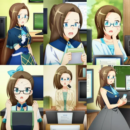 <lora:bakarina04-000020:1>1girl, mustache,  surprised, looked at pc, monitor, glasses, smart, clever, chibi