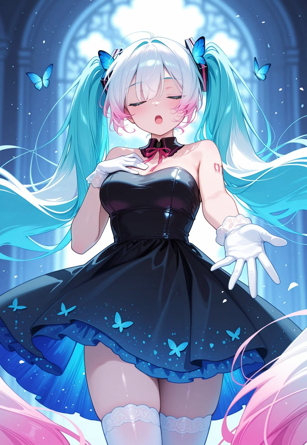 safe_pos, MiN, masterpiece, absurdres, newest, best quality, perfect quality, absolutely eye-catching, cowboy shot, depth of field, blurry background, hand focus BREAK
1girl, solo, Hatsune Miku, very long hair, multicolored hair, gradient hair, blue hair, pink hair, white hair, tied hair, twintails, bangs, hair ornament, eyes visible through hair, closed eyes, open mouth, :o, detached collar, bare shoulders, ribbon, strapless dress, black dress, medium breasts, white thighhighs, white gloves, perfect hands BREAK
flowers, blue butterflies, singing, falling down, floating hair, hand on chest, reaching out