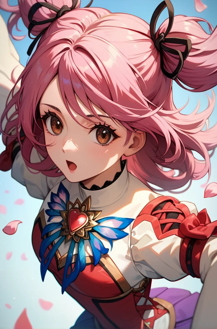 score_9, score_8_up, score_7_up, very aesthetic, source_anime, detailed, high quality, beautiful, masterpiece, detailed eyes,
<lora:lightXL:0.8>
simple background, blurry background, flower petals,
upper body, close up, dynamic angle,
dynamic pose, open mouth, casting spell,
<lora:cheria_autismConfetti_v03:0.95>
cheria barnes, pink hair, brown eyes, twintails, two side up, medium hair,
thighhighs, brooch, long sleeves, puffy sleeves, purple skirt, jewelry, black thighhighs, white footwear, (wide sleeves:0.7), pleated skirt, laces,, zPDXL