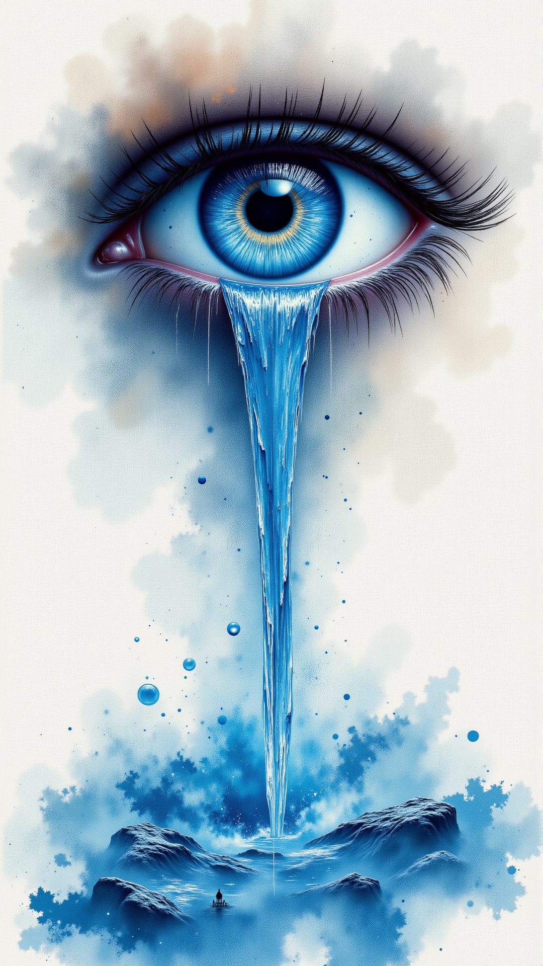 Jedwtrexp, watercolor,  Use a close-up tear with a waterfall streaming within, symbolizing release, healing, and transformation,<lora:WatercolorExposure-000007:1>