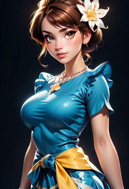 score_9, score_8_up, score_7_up, score_6_up, score_5_up, score_4_up score_9,score_8_up, digital art, upper body shot, realistic 3D illustration, 
BREAK, 
gloria (pokemon), gloriaSummer, blue sarong, blue shirt, hair flower,  jewelry, necklace, official alternate costume,
BREAK, 
soft lighting, contemplative expression, dark background, subtle makeup, high-resolution, detailed texture, emotional depth, dramatic mood, side profile, serene atmosphere, cinematic lighting. perfectly round breasts, big breasts, firm breasts, SkinHairDetail, eye contact, looking at viewer,