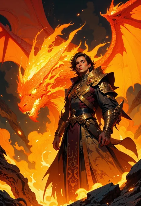 Clad in robes of flickering flame and adorned with golden runes, the Emberheart god king is a walking inferno of power and passion. His brown hair crackles like a living blaze, and his molten hazel eyes burn with the intensity of an eternal fire. At his side soars a magnificent fire dragon, its scales ablaze with hues of crimson, orange, and gold. With each beat of its wings, embers rain down, igniting the air with sparks of magic. Together, they embody rebirth and destruction, their presence heralding either salvation or ruin, depending on the hearts of those who stand before them. He is clean shaven, built like Adonis.