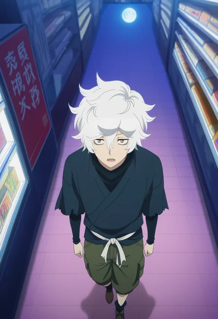 masterpiece, best quality, , anime screencap, anime coloring, official style,, 1boy, solo, male focus, <lora:gabimaru_jigokuraku_ilxl:0.98>, gabimaru_jigokuraku, white hair, yellow eyes, hair between eyes, short hair, messy hair, , , from above, shopping mall, stores, signs, night, full moon, arms at sides, open mouth, Cargo shorts, Western shirt, Monk strap shoes, ,