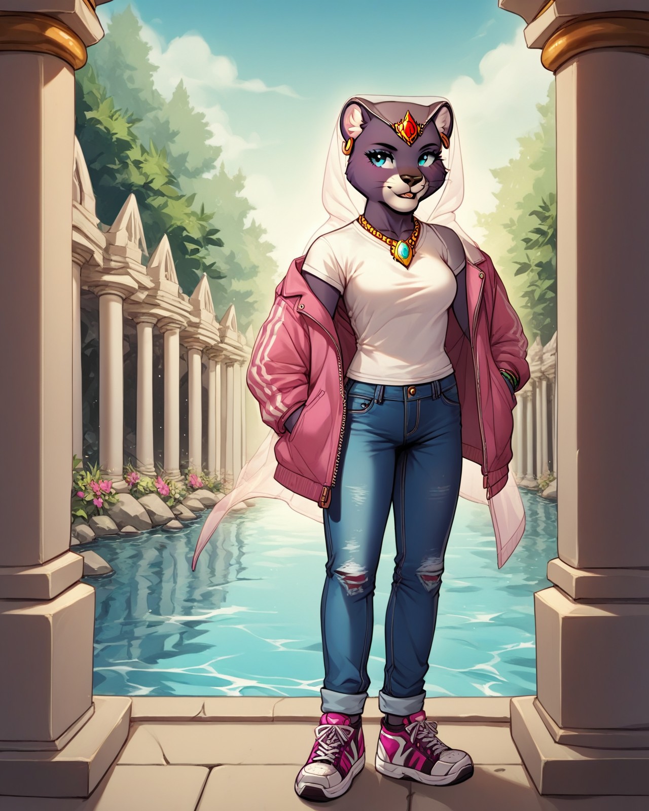 score_9,score_8,score_7,source_furry,
princess_romy, romy_panther,jewel,panther, lion ears, bald, hairless, veil,jeans pants, sneakers, jeans jacket, t-shirt, graphic t-shirt,
<lora:Princess_Romy_Pony_SDXL:1> princess_romy,