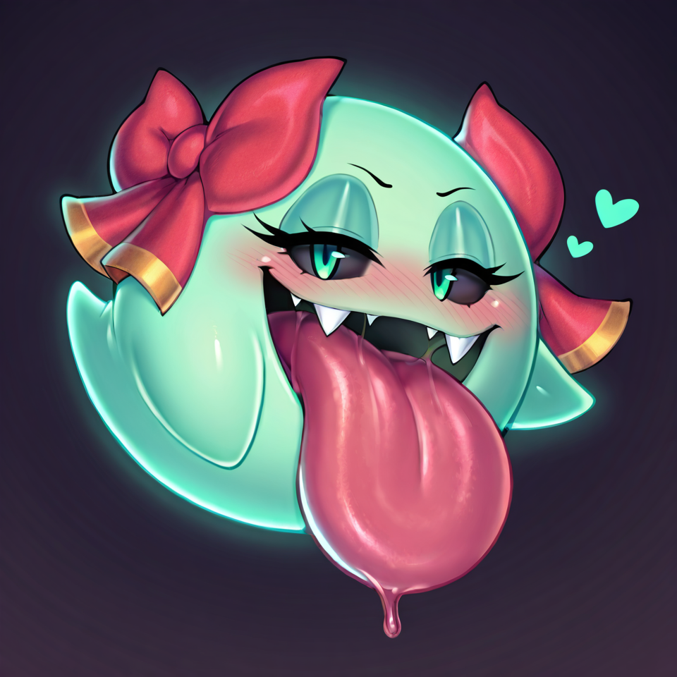 (desire.2, heart, smile, blush, open mouth, tongue out, half closed eyes,), <lora:Boo:0.9>, (solo:1.2), (lady bow:1.2), boo \(mario\), bow \(mario\), green skin, shiny skin, floating, full body,  green eyes, black sclera, long eyelashes, fangs, bow ribbon, not furry, sphere creature, round body, looking at viewer, simple background, dark background,
masterpiece, best quality, good quality, newest, very awa, absurdres, highres,