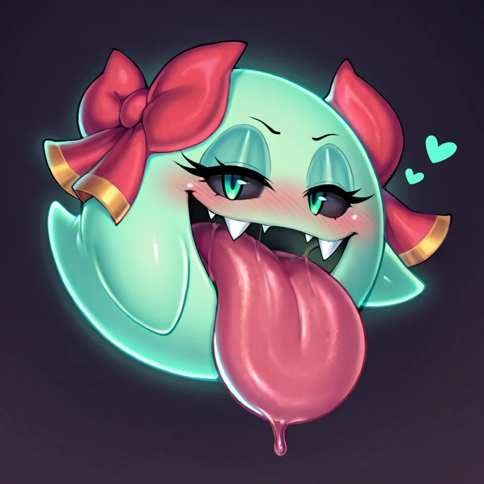(desire.2, heart, smile, blush, open mouth, tongue out, half closed eyes,), <lora:Boo:0.9>, (solo:1.2), (lady bow:1.2), boo \(mario\), bow \(mario\), green skin, shiny skin, floating, full body,  green eyes, black sclera, long eyelashes, fangs, bow ribbon, not furry, sphere creature, round body, looking at viewer, simple background, dark background,
masterpiece, best quality, good quality, newest, very awa, absurdres, highres,