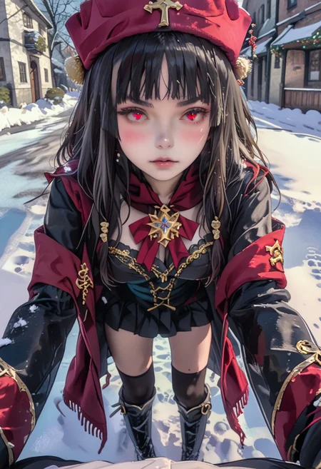 score_9_up, score_9, score_8_up, score_7_up, rating_explicit, 1girl, beautiful, cute, kawaii, young woman,
cozy winter ensemble with modern flair, she holding Love message give it to the viewer, little delicate snowflakes above the head, blushing, (shy:0.9), (confounded:0.6),
male pov, detailed background, source_anime, anime,
frosted alley between snow-dusted buildings, icy pathway, near a warmly lit winter cafe,
Valentine's atmosphere, twinkling snowflakes, male pov, she leaning forward to pov,
crisp snowy boulevard, standing, sfw,, Sekai Seifuku, Long black hair, Red eyes, Hime cut, Pale skin, Red military uniform, Black thigh-high socks, Black boots, Gold emblem on hat, Dominatrix-style outfit, Crown, See Description "Triggers and CLothes Prompts"