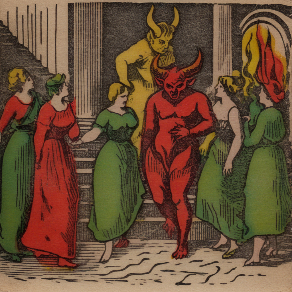 manucolgraf the devil in hell and a group of women <lora:manucolgraf:0.7>