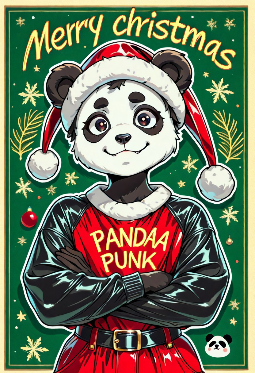 masterpiece, best quality, high quality, good quality, panda punk, christmas outfit, christmas animals, d2j3m0x