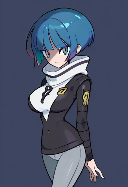score_9,score_8_up,score_7_up,score_6_up,score_5_up,score_4_up,BREAKmasterpiece, hyper detailed, best quality, insanely detailed, high quality, exquisite, detailed, beautiful, ultra detailed,
score_9, score_7_up BREAK <lora:pkmntgg-pdxl-nvwls-v1:0.8> pmtgg, Blue Hair,short hair, blunt bangs, green eyes, large breasts,black and white dress, two-tone dress, grey bodysuit, bodysuit under clothes, grey pants,
mouth open,pose, mysterious, unique,
in Take+sugimori ken style,
