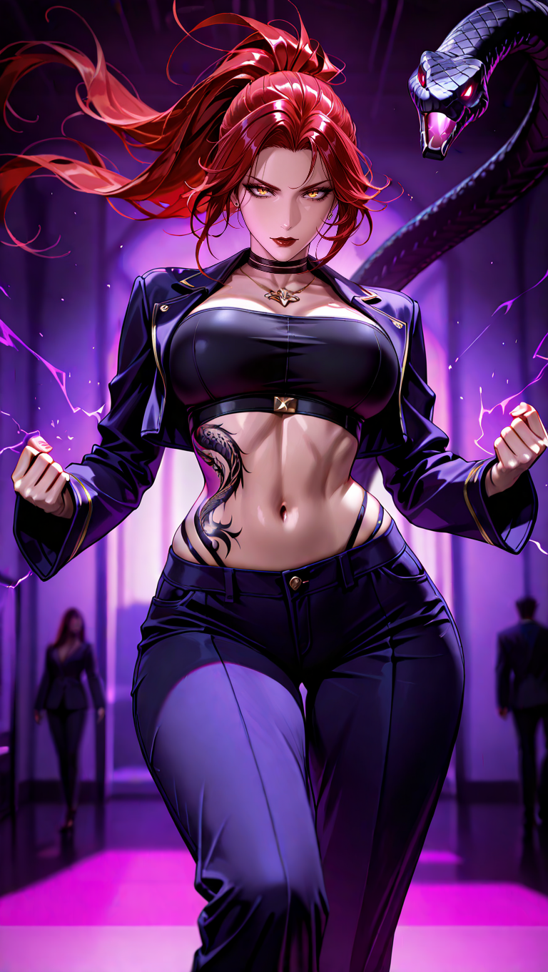 best, quality, masterpiece, amazing quality, very aesthetic, high resolution, ultra-detailed, depth of field, volumetric lighting, highly detailed, 8k, newest, BREAK, absurdres,solo,masterpiece ,best quality,1girl,looking_at_viewer,,long-hair,forehead,red_hair, tube_top,cropped_jacket,pajamas,dark_contrast,dark scheme,Dramatic Power Stance,The character standing with legs wide apart, fists clenched and glowing with power, their chest puffed out and an intense expression of confidence on their face,midriff_tattoo,snake_design midriff,_ tattoo,midriff,navel,(wide midriff:1.0), thick,Noir Lighting,bodybuilder,beefy,(muscular_body:1.0),wide hips,(wide_waist:1.0) midriff focus,ultra-detailed ,finely detailed ,high resolution ,perfect dynamic composition ,detailed eyes ,Noir lighting ,detailed background ,depth of fields ,perfect proportion ,harmonious composition, high quality,4k,baddie,solo