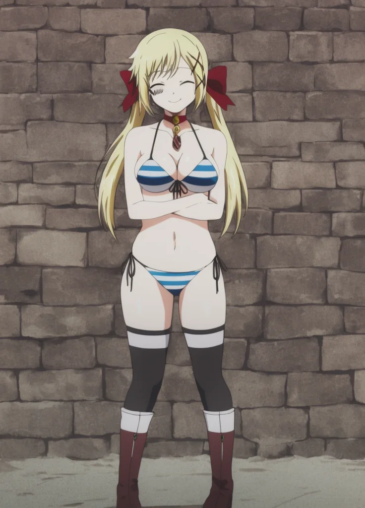 <lora:Yuna_Yunis:1> Yuna_Yunis, 1girl, solo, swimsuit, bikini, blonde hair, breasts, closed eyes, thighhighs, striped, striped bikini, smile, long hair, twintails, brick wall, navel, hair ornament, cleavage, ribbon, x hair ornament, hair ribbon, medium breasts, choker, bow, hair bow, large breasts