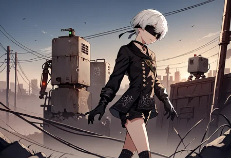 score_9, score_7_up, source_anime, uncensored, head tilt, vanishing point, projected inset, furled brow, album cover, Akeome, wasteland, evening,
<lora:NierAutomata_9S_v1.0:1> 9S, 9s (nier:automata), solo, gloves, shorts, black gloves, white hair, black blindfold, black choker, short hair, kneehighs, long sleeves, black jacket, double-breasted, jacket, buttons
<lora:girl run_pony_V1.0:0.3> running, from side