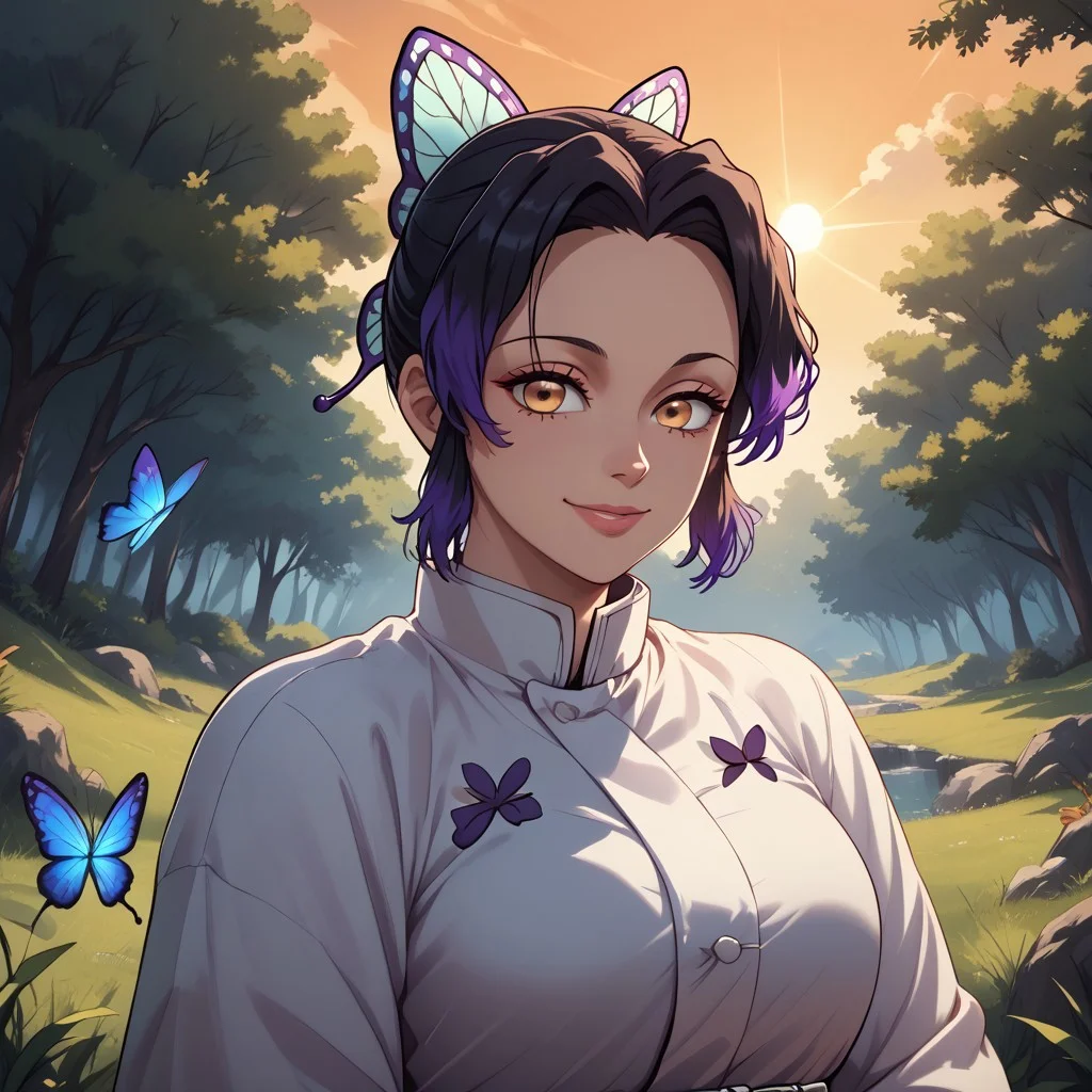 score_9, score_8, BREAK, Shinobu Kochō, (demon slayer, Kimetsu No Yaiba), animal print, black hair, butterfly, butterfly hair ornament, butterfly print, forehead, gradient hair, hair ornament, haori, multicolored hair, parted bangs, purple hair, short hair, two-tone hair,, sexy pose, self portrait, smile, outdoors, sunlight, shadows, evening lighting, natural lighting, forest, trees, grass, orange sky, sunset