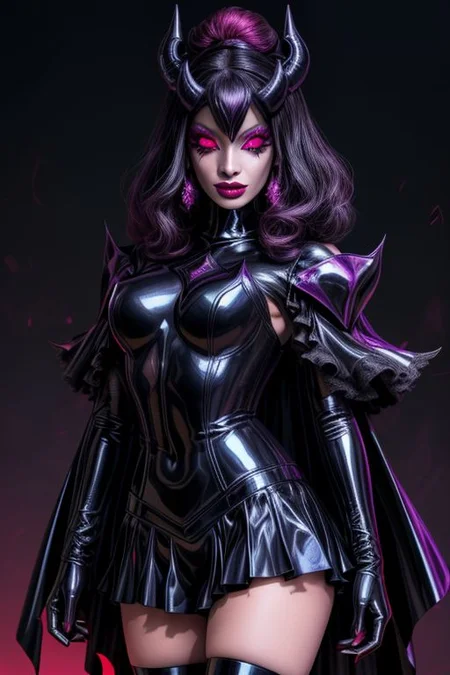 MEvil, DemonicT, EvlSM, Bad_End_Precure, DarkPrecure, adult, evil corrupted princess wearing dark pastel (ruffled:1) (gleaming latex:1) gown with (long latex cape:1) and latex elbow gauntlets, soft lighting, ruffles,
(makeup, lipstick, mascara, eyeshadow),
(blue skin, black sclera, colored sclera, colored skin, yellow eyes, demon wings, demon horns, slit pupils),
(red eyes, colored skin, glowing eyes, evil smile:1),
<lora:more_details:1>,