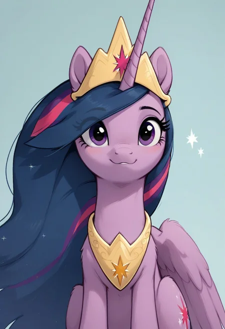 score_9, score_8_up, score_7_up, score_6_up, score_5_up,score_4_up twilight sparkle, future_twilight_sparkle, tiara, alicorn Princess Twilight Sparkle from My Little Pony is a light purple unicorn with a navy blue mane and tail, large purple eyes, and a pink star cutie mark. Her appearance changes slightly as she grows up and transforms into an Alicorn.
Physical description
Body color: Lavender or light purple
Hair color: Dark indigo with pink and purple streaks
Eye color: Purple
Cutie mark: Pink six-pointed starburst with five smaller white stars
Mane and tail: Straight, with one light purple streak and one slightly darker purple streak