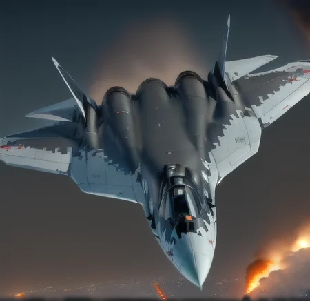 analog gloomy aerial photo of a (Su-57 Felon plane, <lora:SUKHOI-57:0.88>), (from behind), ((nighttime)), (flying low through a city on fire), (explosions in the background), (tracer gunfire), High Detail, Sharp focus, (photorealism), realistic, best quality, 8k, award winning, dramatic lighting, epic, cinematic, masterpiece, rim light, (action movie), war, depth of field, dutch angle, motion blur