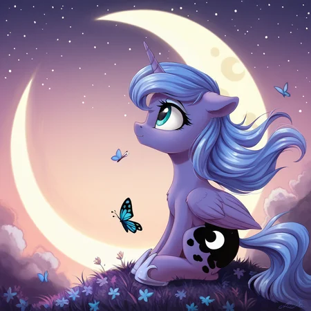 score_9, score_8_up, score_7_up, score_6_up, score_5_up, score_4_up, rating_safe, princess luna, alicorn, butterfly, female, pony, solo, crescent moon, cute, filly, high res, moon, profile, sitting, sky, windswept mane, woona, younger, looking up, lunabetes, twilight \(astronomy\), g4, detailed, beautiful, detailed background, <lora:Wholesome-MLP-v1.3b:1>