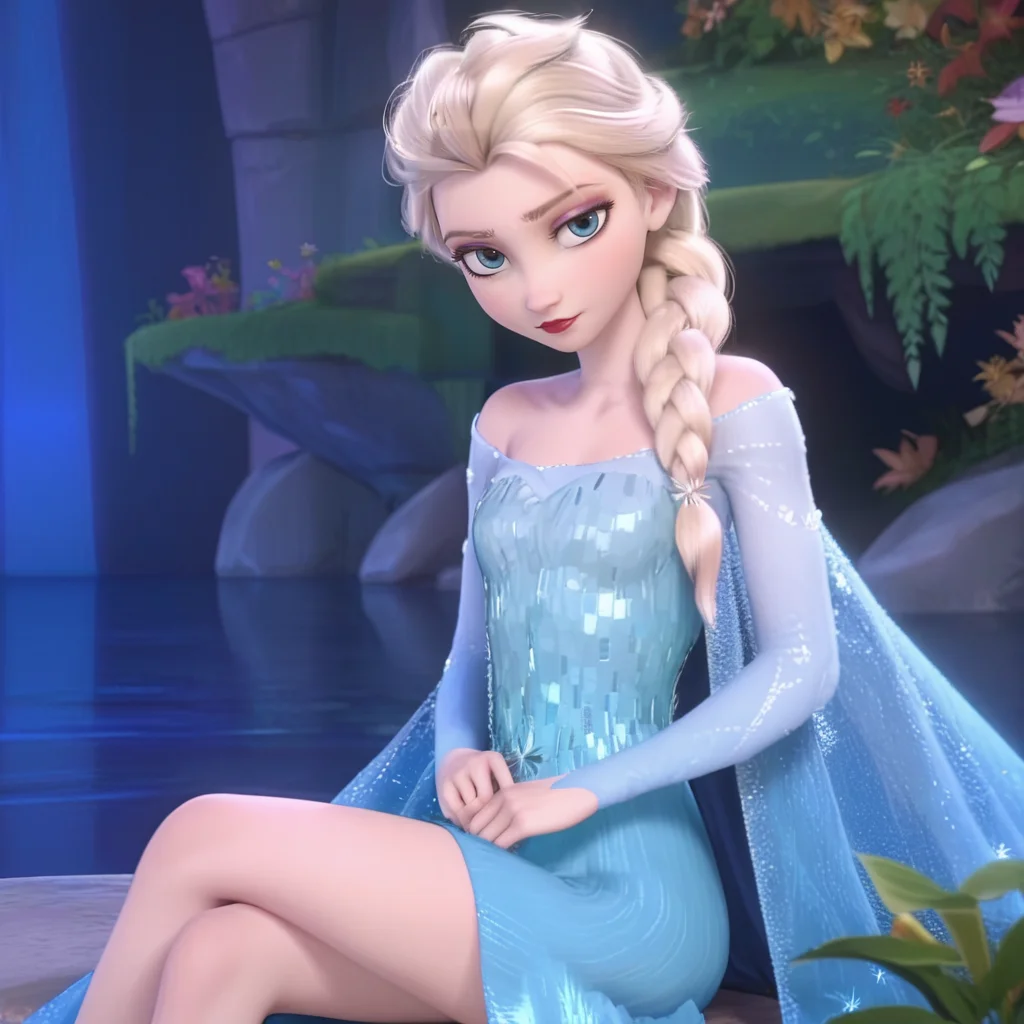 score_9, score_8_up, score_7_up, score_6_up, absurdres, best quality, <lora:elsa33:1> , elsa33, 1girl, long hair, blue eyes, blonde hair, dress, bare shoulders, braid, blue cape, blue dress, hair over shoulder, red lips, eyelashes, eyeshadow, makeup, frozen \(disney\), anime screencap, long sleeves, looking at viewer, sitting by frozen lake