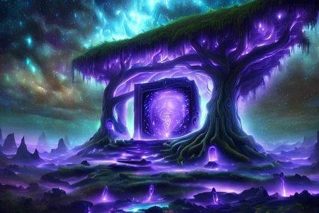 RAW photo, (masterpiece:1.3), subsurface scattering, heavy shadow, (high quality:1.4), (intricate, high detail:1.2), professional photography, HDR, High Dynamic Range, realistic, ultra realistic, photorealistic, high resolution, film photography, ambient lighting, flood of energy, atmospheric effects, GlowingRunes_purple, <lora:detail_slider_v4:2>, OverallDetail, <lora:Portal:1>, cloud, forest, grass, mushroom, nature, outdoors, plant, portal, scenery, starry sky, tree, epiCPhoto