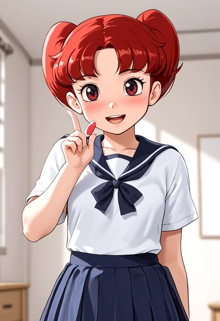 score_4,score_5,score_6,score_7_up,score_8_up,score_9 ((masterpiece,best quality,ultra detailed,highres,HD,4k:1.2)), 
1 girl,solo,face focus,
Fujiko.F.Fujio,Eyelashes,
red hair,short hair,red eyes,
school uniform,skirt,
open mouth,blush,smile,