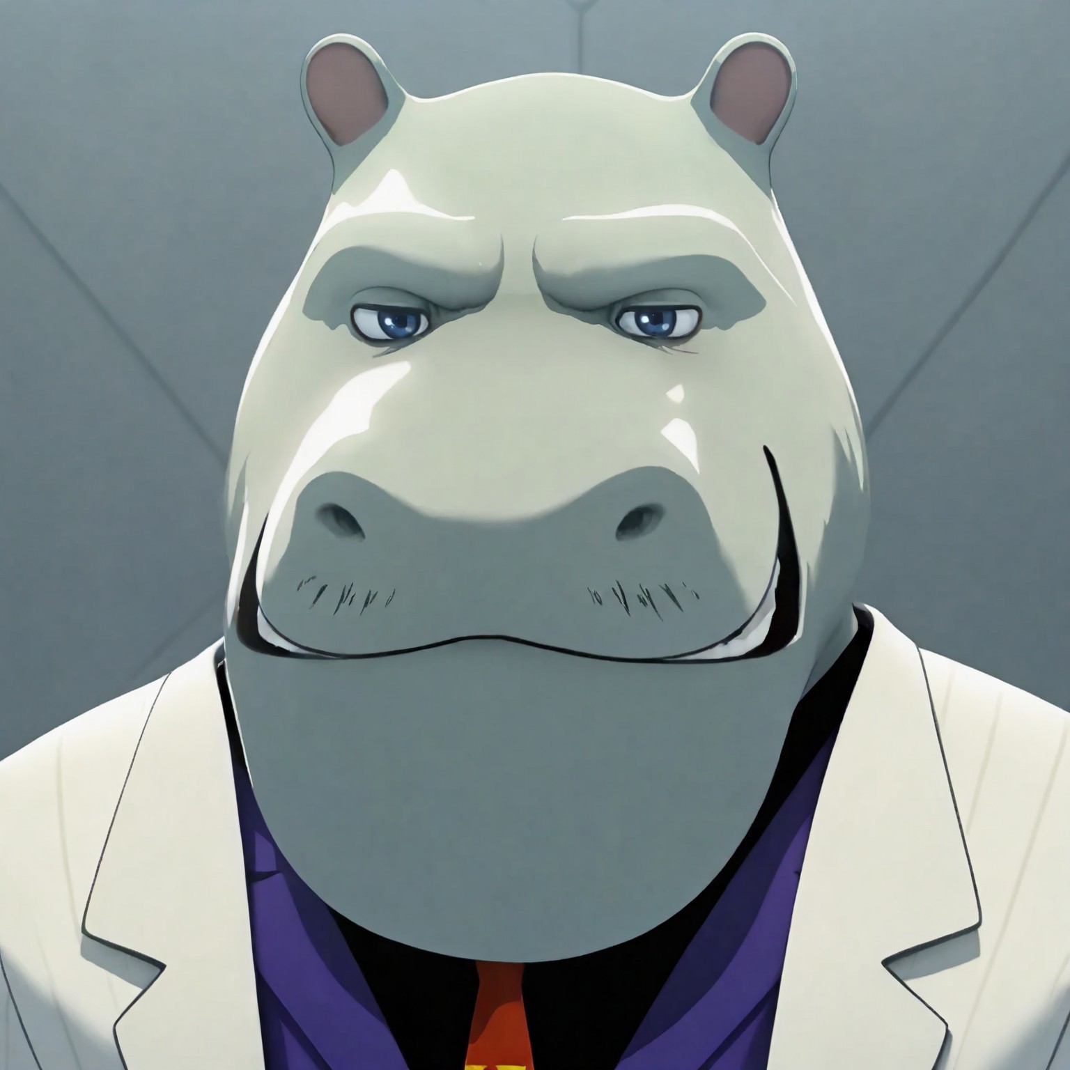 King, large humanoid, hippo, furry male, white pinstripe suit, red tie with the letter K printed on it, formal, black top, facial hair, blue eyes, purple vest, long sleeves, striped white pants, black shoes, masterpiece, best quality, amazing quality, looking at viewer, male focus, solo, detailed lobby background, masterpiece, best quality, amazing quality, male, looking at viewer, close up, face shot, portrait, detailed face, detailed eyes, detailed,