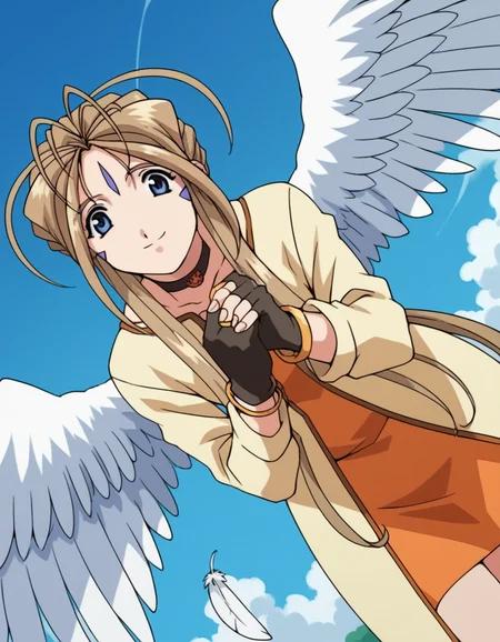 score_9, score_8_up, score_7_up, source_anime,
belldandy, <lora:belldandy-s2-ponyxl-lora-nochekaiser:1>,
belldandy, long hair, blue eyes, brown hair, facial mark, forehead mark,
gloves, wings, choker, fingerless gloves, bracelet, ring, feathers, angel wings,
sky, blue sky, clouds, bent over, smile,
cowboy shot, solo, dutch angle, looking at viewer,
