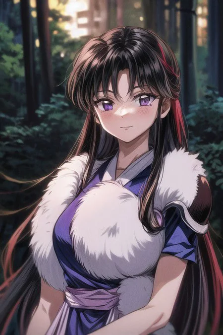 masterpiece, best quality 1girl Setsun4 solo long hair, (night time) forest background black hair very long hair purple eyes multicolored hair armor (fur trim) (medium body),<lora:EMS-179-EMS:0.800000>,<lora:EMS-293862-EMS:0.800000> bow, hair_bow, hair_tubes, red_bow, brown_hair, long_hair, bangs, ascot, frilled_bow, yellow_ascot, blush, smile, hair_between_eyes, athletic, armor, miko