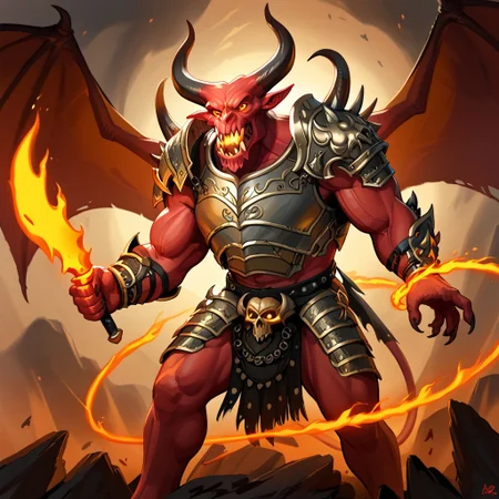 balor, wings, solo, horns, fire, armor, demon, weapon, no humans, red skin, 1boy This image is a highly detailed digital painting of a fantastical, demonic figure. The creature, a demonic warrior, stands in a powerful, dynamic pose, with a menacing expression. Its body is a deep, fiery red, with muscular, imposing physique, and it has a menacing, humanoid form with a mix of human and demonic features. The figure's head is that of a demon, with horns, a snarling mouth, and glowing red eyes.   Its arms are muscular and end in sharp, claw-like hands. The creature wears dark, armor-like shoulder pads on its shoulders, adorned with intricate, glowing patterns that match the fiery aura emanating from it. The armor is black with a hint of dark red, enhancing the fiery theme.  The creature's wings, large and bat-like, are a darker, more muted brown, partially transparent, and seem to be made of a leathery material. Flames and glowing energy swirl around its body, particularly around its wings and hands, adding to the fiery, demonic appearance.  In its right hand, it holds a massive, curved sword with a serrated blade and a handle adorned with skulls, which glows with the same fiery energy as the rest of its body.