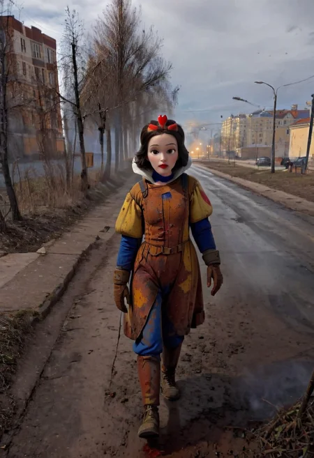 Rusted, rusted landscape, an Disney princess Snow White, wearing a Hazmat suit, walking on a side walk in a run down russian city, smoke, chem trails, extreme close-up, portrait, raw, masterpiece, extreme insanely realistic detailed and intricate, extreme realistic detail, doomer aesthetics, depressing feelings, night, panelka,vintage painting,painting,realism,